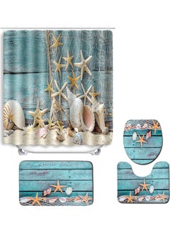 Buy 4 Pcs/set Summer Beach Conch Starfish Printed Pattern Bathroom Decoration Water-resistant Shower Curtain Pedestal Rug Lid Toilet Cover Mat Non-slip Bath Mat Set Green 40.0 x 30.0 x 4.0cm in Saudi Arabia