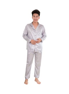 Buy Silk Satin Men Pajamas Set Fashion Sleepwear Couple Solid Color Long Sleeve Suit Steel Grey in Saudi Arabia