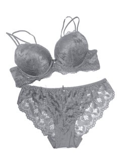 Buy Women Underwear Set Floral Lace Rhinestone Decor Push Up Bra Panties Briefs Grey in Saudi Arabia