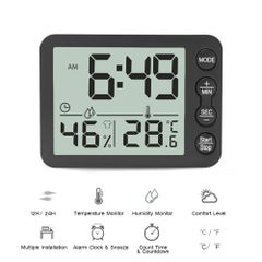 اشتري ميزان قياس حرارة ومقياس رطوبة رقمي داخلي، مع ساعة وشاشة LCD أسود 9.8سم في الامارات