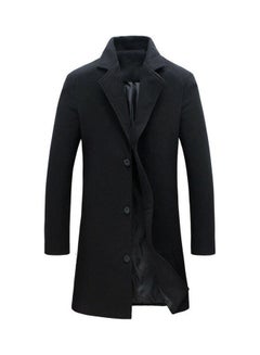 Buy Solid Single-Breasted Lapel Long Jacket Black in UAE