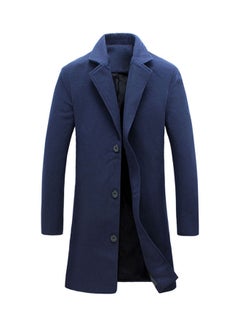 Buy Lapel Collar Woolen Single-Breasted Trench Coat Navy Blue in Saudi Arabia