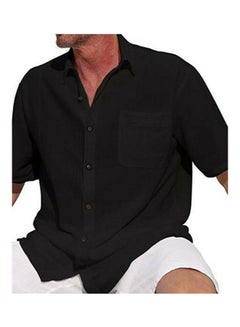 Buy Men Solid Colour Linen Short Sleeve Shirt Black in Saudi Arabia