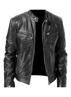 Buy Autumn Winter Men Stand Collar Zipper Faux Leather Motorcycle Jacket Black in UAE