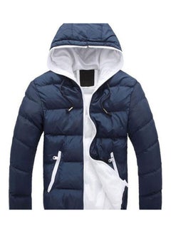Buy Men Colour Block Zipper Hooded Cotton Padded Coat Slim Fit Thicken Outwear Jacket Dark Blue + White in UAE