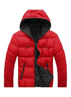 Buy Men Colour Block Zipper Hooded Cotton Padded Coat Slim Fit Thicken Outwear Jacket Red + Black in UAE