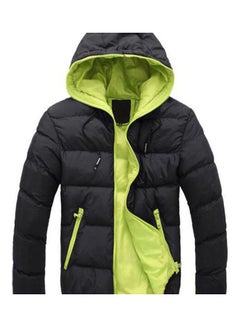 Buy Men Colour Block Zipper Hooded Cotton Padded Coat Slim Fit Thicken Outwear Jacket Green + Black in UAE
