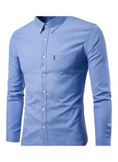 Buy Men Solid Colour Turn Down Collar Long Sleeve Shirt Slim Button Pocket Work Top Navy Blue in Saudi Arabia