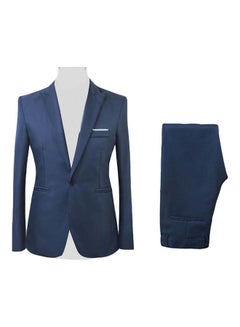 Buy 2pcs/Set Men Formal Business Party Solid Colour Long Sleeve Blazer Suit Pants Sapphire Blue in UAE