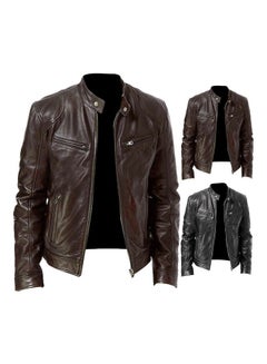 Buy Autumn Winter Men Stand Collar Zipper Faux Leather Motorcycle Jacket Short Coat Khaki in Saudi Arabia