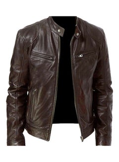 Buy Autumn Winter Men Stand Collar Zipper Faux Leather Motorcycle Jacket Brown in UAE