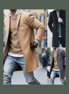 Buy Fashion Men Winter Solid Colour Trench Coat Outwear Overcoat Long Sleeve Jacket Khaki in UAE