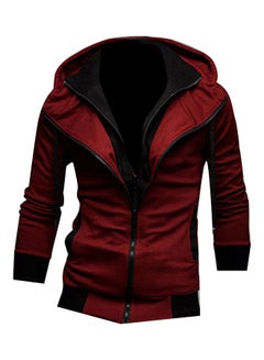 Buy Plus Size Men Colour Block Long Sleeve Slim Fit Hooded Zipper Jacket Coat Outwear Red in UAE