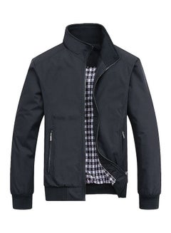 Buy Men Solid Colour Stand Collar Zipper Pocket Slim Bomber Jacket Coat Sportswear Black in UAE