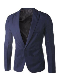 Buy Men Solid Colour Long Sleeve Lapel One Button Pocket Blazer Slim Fit Suit Coat Navy Blue in UAE