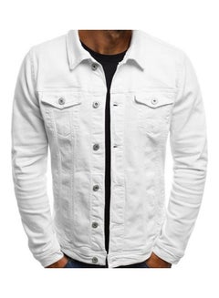 Buy Solid Pattern Multi Pockets Denim Jacket White in UAE