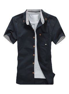 Buy Men Solid Colour Turndown Collar Short Sleeve Button Embroidered Slim Fit Shirt Black in Saudi Arabia