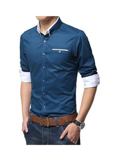 اشتري Fashion Men Solid Colour Long Sleeve Turn Down Collar Shirt Slim Fit Blouse Top Navy Blue في الامارات
