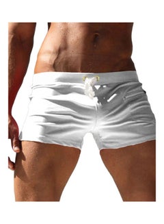 Buy Men Solid Colour Swimming Trunks Drawstring Pocket Slim Fit Beach Shorts Swimwear White in UAE