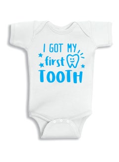 Buy I Got My First Tooth Printed Onesie White/Blue in UAE