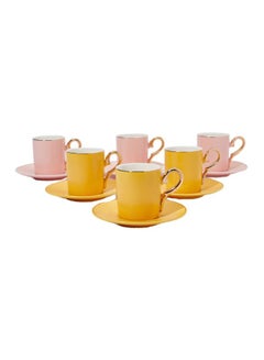 Buy 12-Piece Ergonomically Designed Fade-Proof Voguish Unique Gold Handled Cup And Saucer Set Yellow/Pink/Gold 6x6.5cm in UAE