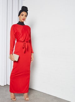 Buy Belted Waist Dress Red in Saudi Arabia
