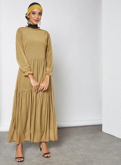 Buy High Neck Tiered Maxi Dress Khaki Green in UAE