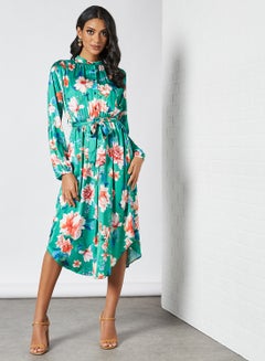 Buy Floral Asymmetric Hem Dress Green in Saudi Arabia