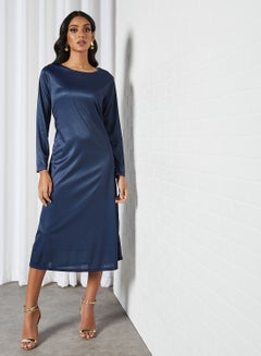 Buy Basic Maxi Dress With Waist Tie Blue in Saudi Arabia