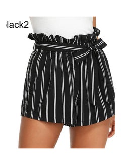 Buy Summer Beach Women Striped Belted Ruffled Elastic High Waist Shorts Hot Pants Black 2 in UAE