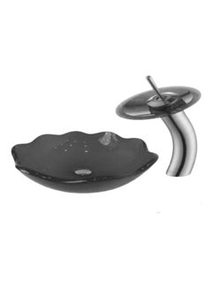 Buy 3-Piece Decorative Glass Wash Basin With Pop Up Mixer And Drain Set Black/Silver 40x40x14cm in Egypt