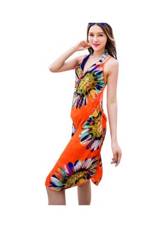 Buy Summer Beach Sunflower Print Bikini Cover Up Dress Orange in Saudi Arabia
