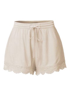 Buy Solid Lace Trim Elastic Drawstring Waist Shorts Beige in UAE