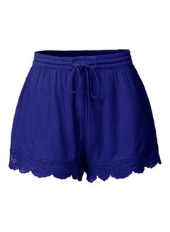 Buy Solid Lace Trim Elastic Drawstring Waist Shorts Blue in UAE