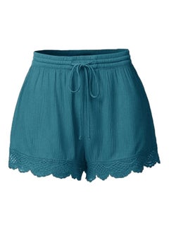 Buy Solid Lace Trim Elastic Drawstring Waist Shorts Lake Blue in UAE