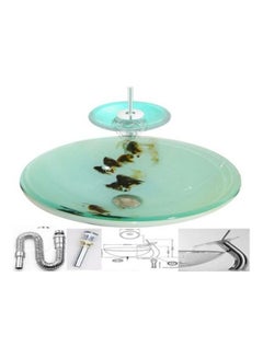 Buy 3-Piece Dogs Printed Glass Bathroom Wash Basin With Mixer And Pop Up Drain Set Green/Silver 60x60x10cm in Egypt