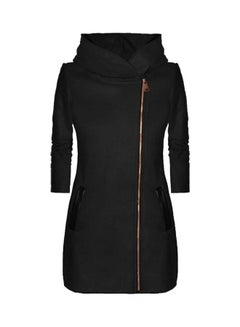 Buy Solid Side Zip Up Hooded Jacket Black in UAE