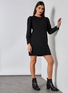 Buy Puff Sleeve Mini Denim Dress Black Denim in UAE