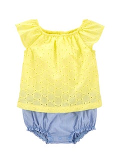 Buy Infant Girls Embroidered Eyelet Sunsuit Set Yellow/Blue in Saudi Arabia