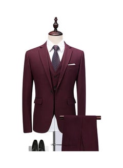Buy 3 Piece Men Lapel V-neck Wedding Suit Formal Outfit Red wine in UAE