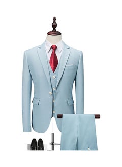 Buy 3 Piece Men Lapel V-neck Wedding Suit Formal Outfit Sky Blue in UAE