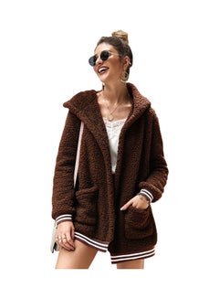 Buy Casual Velvet Outwear With Two Pockets Hoodie Cardigan Brown in Saudi Arabia