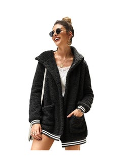 Buy Casual Velvet Outwear With Two Pockets Hoodie Cardigan Black in UAE