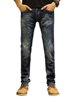 Buy Elastic Straight Scratched Zipper Closure Denim Jeans Dark Blue in Saudi Arabia