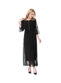Buy Round Neck Three-Quarter Sleeve Chiffon Dress Black in Saudi Arabia