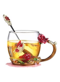 Buy Designer Glass Tea Cup With Steel Spoon Set multicolour 320mm in UAE