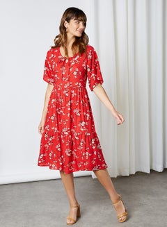 Buy Floral Print Short Sleeves Midi Dress Red in Saudi Arabia
