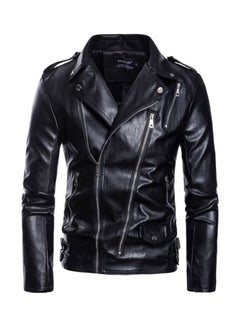 Buy Long Sleeve Leather Jacket Black in Saudi Arabia