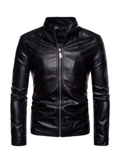 Buy Long Sleeve Leather Jacket Black in UAE