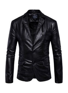 Buy Long Sleeve Leather Jacket Black in Saudi Arabia